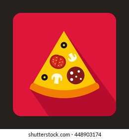 Slice of pizza of piicon in flat style on a pink background