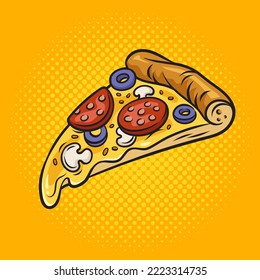 Slice of pizza pinup pop art retro vector illustration. Comic book style imitation.