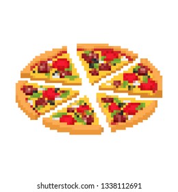 Slice Of Pizza Pixel Art. Fast Food 8bit. Video Game Old School Digital Graphics