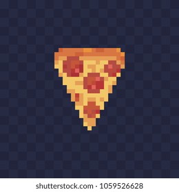 Slice of pizza pixel art icon. Design for stickers, pizzeria logo, mobile app. Game assets 80s 8-bit sprite. Pepperoni piece pizza isolated vector illustration.