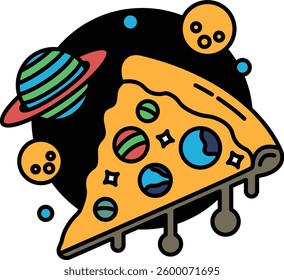 A slice of pizza with a planet and a bunch of other planets surrounding it. The pizza is yellow and has a lot of toppings