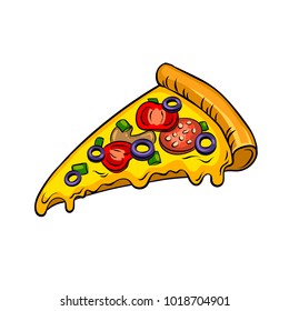 Slice of pizza pop art retro vector illustration. Isolated image on white background. Comic book style imitation.