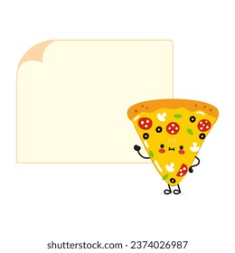 Slice of pizza poster character. Vector hand drawn cartoon kawaii character illustration. Isolated white background. Pizza and poster