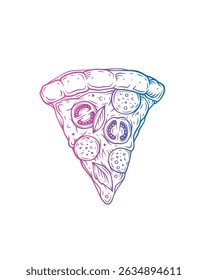 A slice of pizza with salami, cheese and tomatoes. Original vector illustration in vintage style. T-shirt design. Hand drawn, not AI