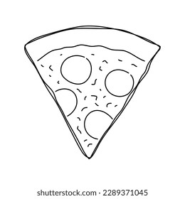 Slice of pizza with salami. Hand drawn vector illustration.