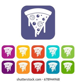 Slice of pizza with salami and melted cheese icons set vector illustration in flat style In colors red, blue, green and other