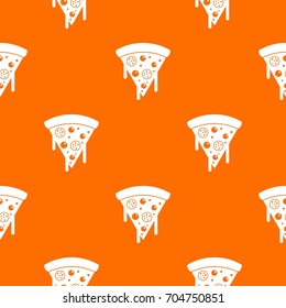 Slice of pizza with salami and melted cheese pattern repeat seamless in orange color for any design. Vector geometric illustration