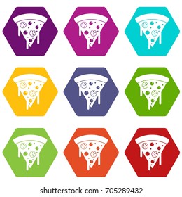 Slice of pizza with salami and melted cheese icon set many color hexahedron isolated on white vector illustration