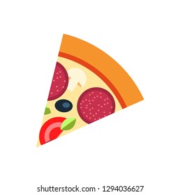 Slice of pizza with salami, olive and tomato, cheese and mushroom. Morsel cooking dish with meat, green with melted mozzarella, round baked dough vector