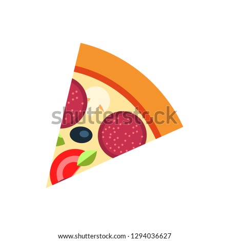 Slice of pizza with salami, olive and tomato, cheese and mushroom. Morsel cooking dish with meat, green with melted mozzarella, round baked dough vector
