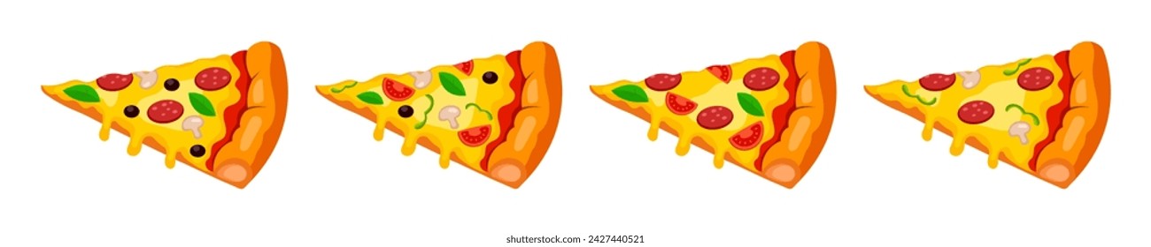 A slice of pizza, pizza with sausage, basil, tomatoes, olives, cheese, pepper, mushrooms. Illustrations for restaurants, posters, cafes, fast food. Tasty vector illustration isolated
