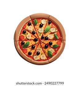A slice of pizza, pizza with sausage, basil, tomatoes, olives, cheese. Illustrations for restaurants, posters, cafes, fast food. Tasty vector illustration isolated.
