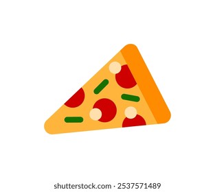 A slice of pizza with sausage and cheese and herbs. Color cartoon flat style. White background. Vector element for the design of delicious fast food.