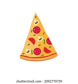 A slice of pizza with sausage, mushrooms and tomatoes. Simple flat design. Isolated on white background vector illustration.
