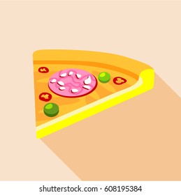Slice of pizza with sausage and olives icon. Flat illustration of slice of pizza with sausage and olives vector icon for web