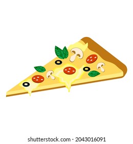 A slice of pizza with sausage, olives,basil, mushrooms and cheese on a white background.Vector illustration.Pizza can be used in menus,textiles, banners.