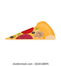 A slice of pizza with sausage, salami, mushrooms, cheese, herbs, pepperoni, tomato and olives. Fast food, snacks. Flat cartoon style, isolated on a white background