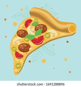 A slice of pizza with sausage, tomatoes, mushrooms, olives, herbs and cheese. Vector graphics.