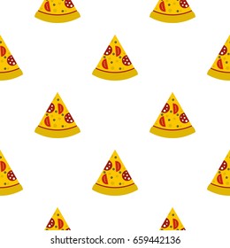 Slice of pizza with sausage and tomatoes pattern seamless flat style for web vector illustration