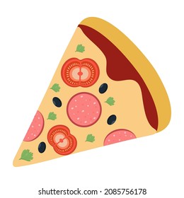 A slice of pizza with sausage and tomatoes. Vector isolated image for the design of a pizzeria site