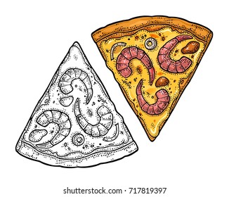 Slice pizza seafood. Top view. Vintage vector drawn engraving illustration for poster, menu, box. Isolated on white background