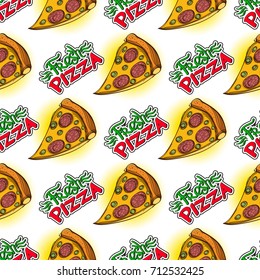 Slice of pizza seamless pattern. Background for design of packaging, cover, textiles, wallpaper.