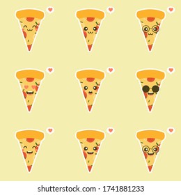 slice of pizza set isolated on color background. slice cheese pizza with tomato, lettuce & bacon, sausage flat design style. tasty & Appetizing fast food. 