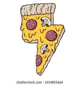 A slice of pizza in the shape of an electric bolt. Vector illustration. 