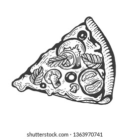 Slice of pizza sketch engraving vector illustration. Scratch board style imitation. Hand drawn image.