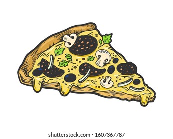 Slice of pizza sketch engraving vector illustration. T-shirt apparel print design. Scratch board style imitation. Hand drawn image.