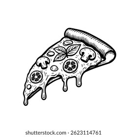 slice of pizza, sketch style drawing. black and white graphics, engraving. Vector isolated background.