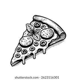 slice of pizza, sketch style drawing. black and white graphics, engraving. Vector isolated background.