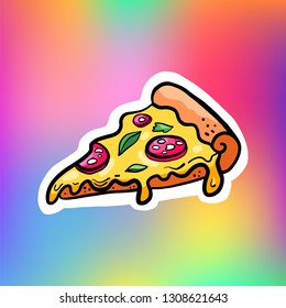 Slice of pizza sticker. Delicious hot pizza. Cool sticker. Isolated on holographic background.