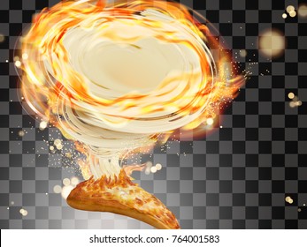 Slice of pizza with stringy cheese and fire effects in 3d illustration isolated on transparent background