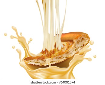 Slice of pizza with stringy cheese and splashing sauce in 3d illustration isolated on white background