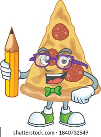 Slice of pizza student Mascot design concept studying at home. Vector illustration
