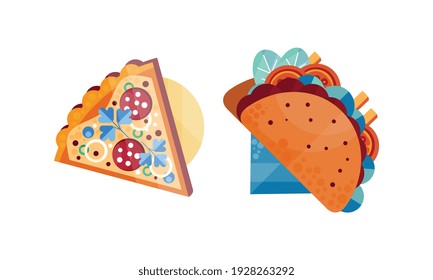 Slice of Pizza and Tacos, Set, Top View of Appetizing Fresh Fast Food Dishes Flat Vector Illustration