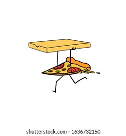 Slice of pizza with tomato, olives, cheese carries a box isolated on white background. Vector design for pizza delivery, pizzeria.  Fast food delivery symbol.