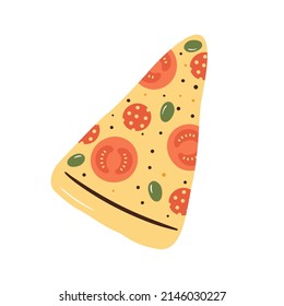 Slice of pizza with tomato, olives and sausages. Traditional Italian food element. Fast food snack vector illustration