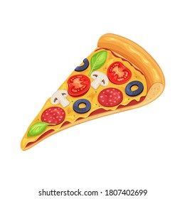 Slice of pizza with tomato, pepperoni and mushrooms. Cartoon italian pizza for menu cafe design. Vector illustration.