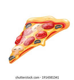 Slice of pizza with tomato, pepperoni and mushrooms. Cartoon italian pizza for menu cafe design. Vector illustration.