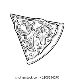 Slice of pizza. Tomatoes, broccoli, peas, cheese. Illustration. Isolated images on white background. Vintage style.