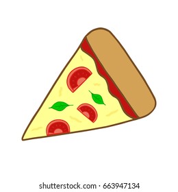 Slice of pizza with tomatoes, cheese and basil. Vector illustration flat icon.