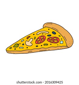 A slice of pizza with tomatoes and mushrooms. Fast food. Food. A quick snack. Vector. Doodle. Hand-drawn illustration.