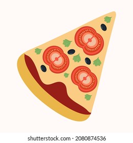 Slice of pizza with tomatoes and olives for pizzeria design.Vector isolated image for use in cafe or restaurant advertising
