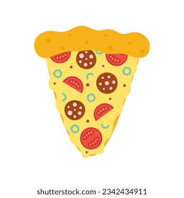 slice of pizza with tomatoes, sausage, cheese and olives isolated on white background, street food concept, fast food flat vector illustration