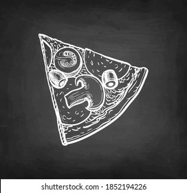 Slice of pizza topped with mushrooms, olives and sausage. Chalk sketch on blackboard background. Hand drawn vector illustration. Retro style.