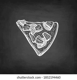 Slice of pizza topped with pineapple and ham. Chalk sketch on blackboard background. Hand drawn vector illustration. Retro style.