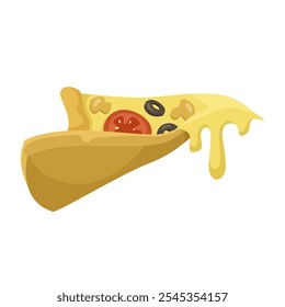 Rebanada de pizza con coberturas y queso derretido. Ilustración vectorial