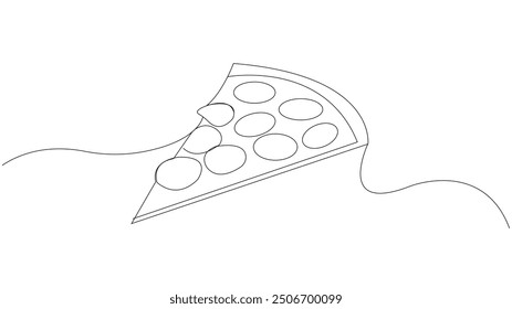 Rebanada de pizza con aderezos. Día Nacional de la Comida Chatarra. Un dibujo de línea para diferentes usos. Ilustración vectorial. Dibujo continuo de líneas de manos tomando la rebanada de pizza. Manos que sostienen la pizza sola 
